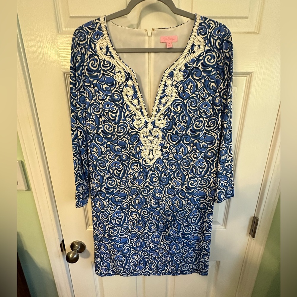Lilly Pulitzer blue and White Fish Print Dress with beading on collar